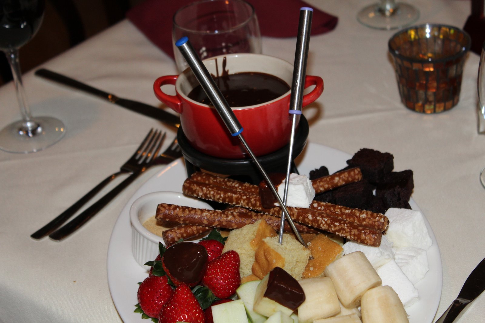 Chocolate Fondue with bananas, strawberries, pretzels, apples