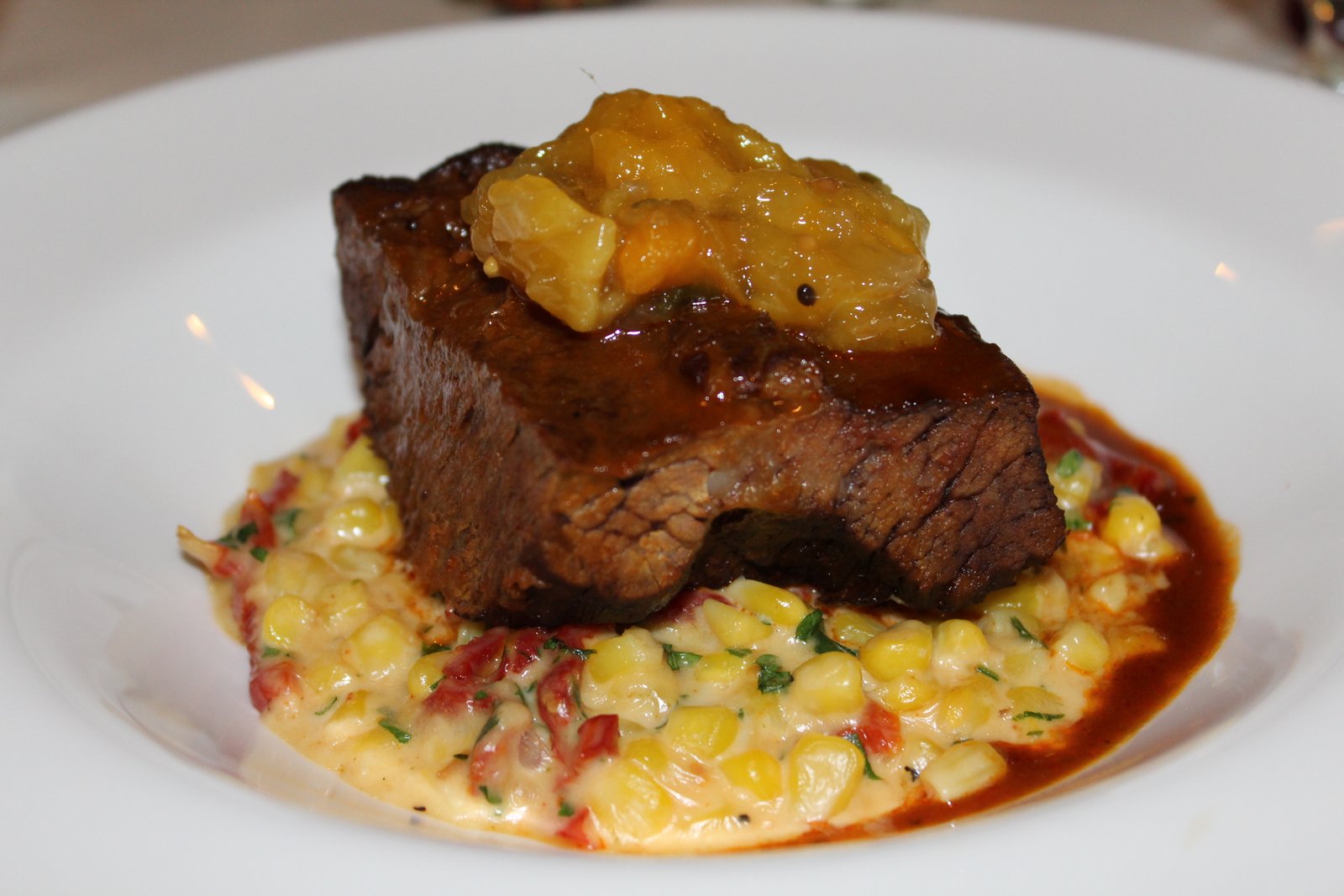 Jack Daniels Short Ribs with Corn Gratin and Mango Chutney